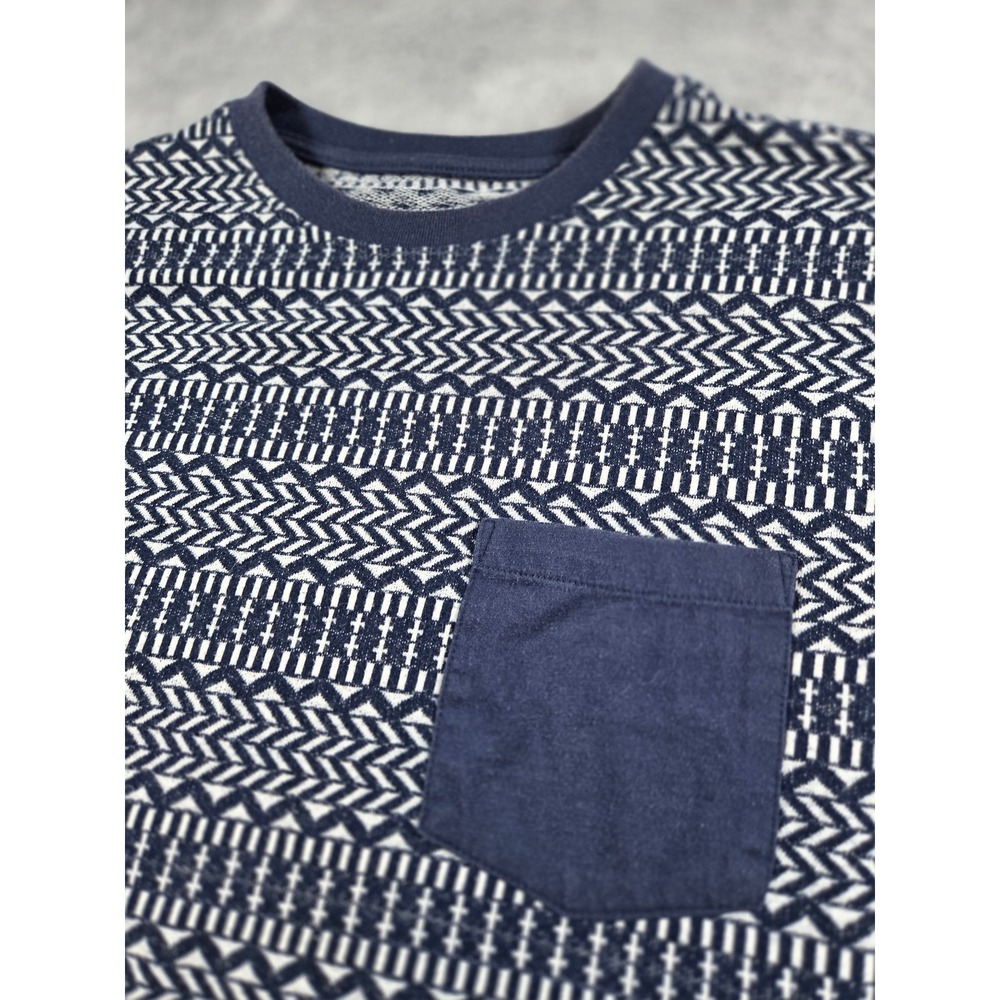 Navy Blue Geometric Tribal Pattern Pocket T-Shirt Short Sleeve Crew Neck‎ Mens